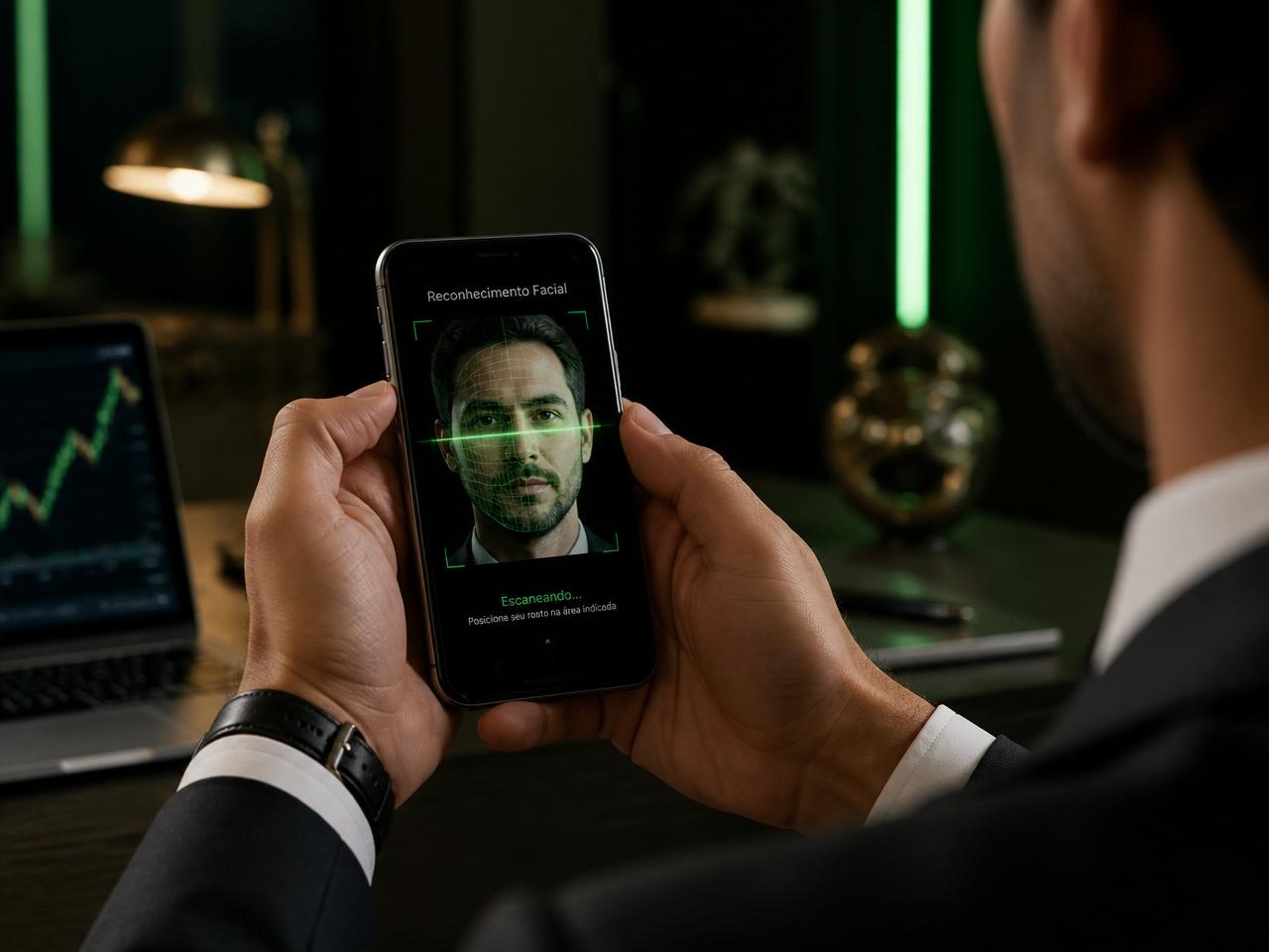 Painel de verificação biométrica facial em smartphone da plataforma Vantia